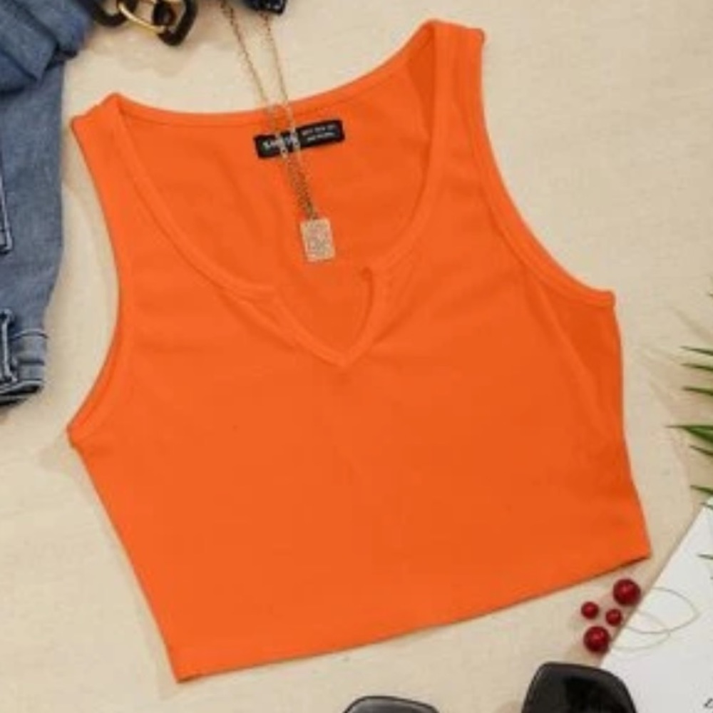 Neon Orange Notch Neck Rib-Knit Tank Top